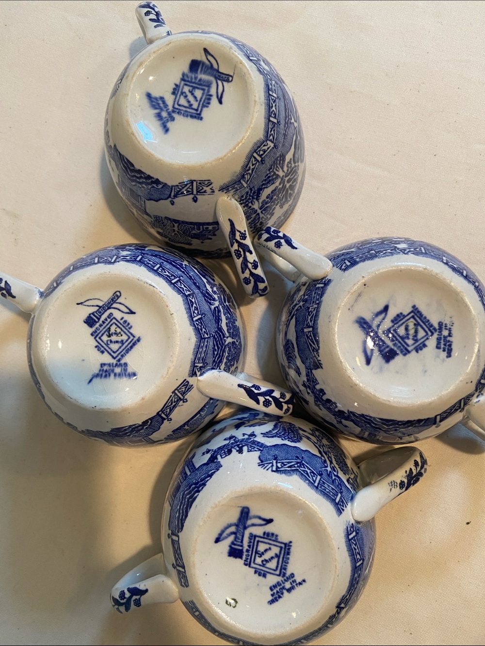 🩷Antique Blue Willow SoupCup Double Handles Ingraved For W.Ridgway &Co- Set of 4 - Picture 7 of 8